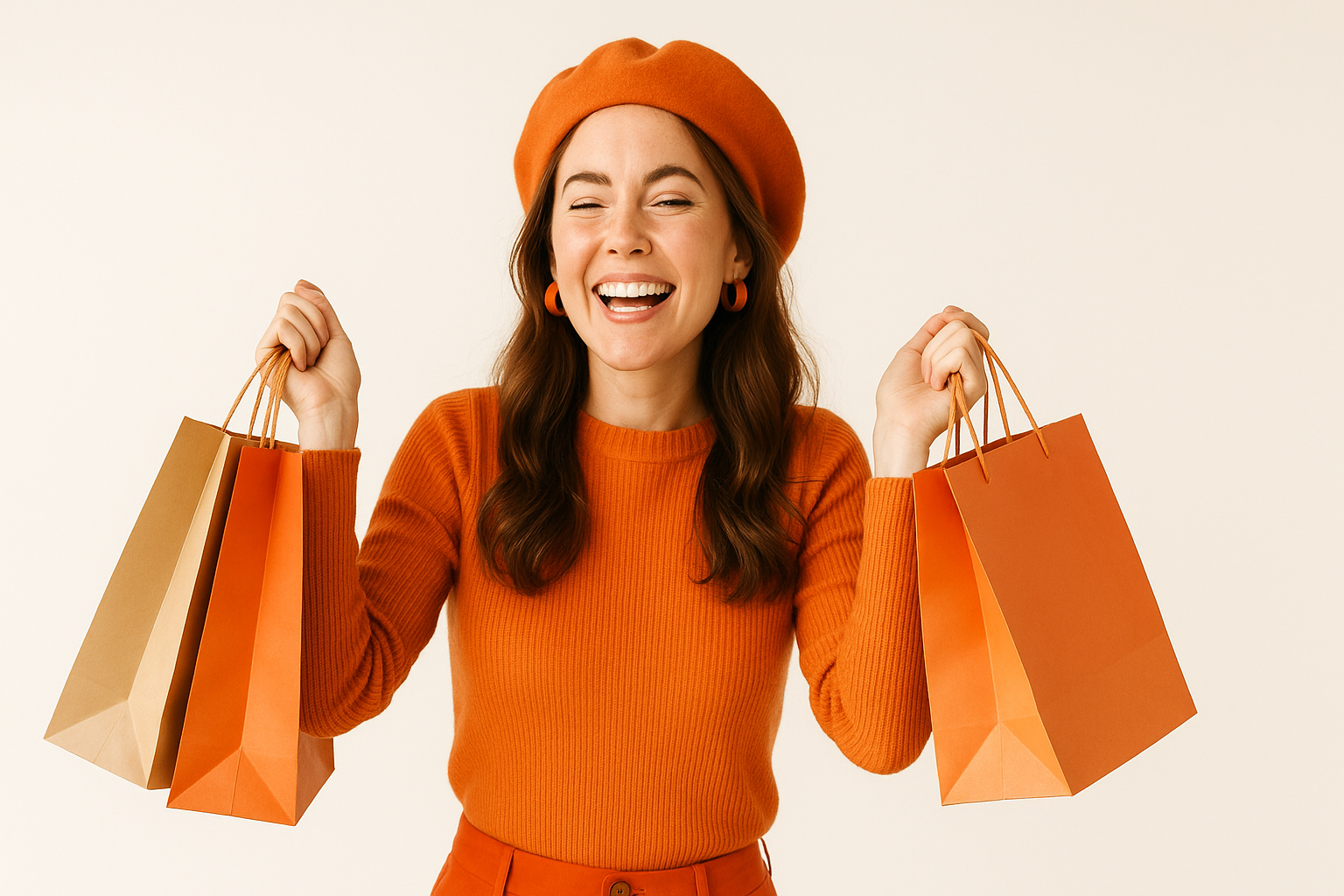 mujer blanca feliz con sus bolsas de compra, usa colores naranjos, que sea amplia